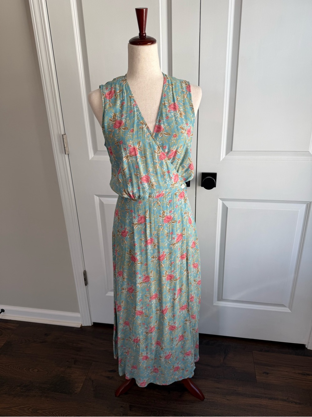 Vintage 90s Gap Floral Rose Wrap Maxi Dress Rayon Sleeveless Cottagecore Small